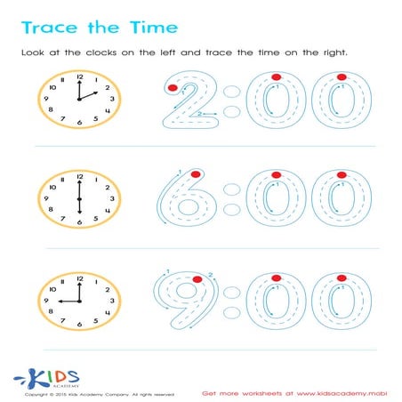 Trace the time - Kindergarten Math Worksheets | PDF