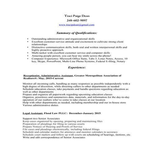 Traci p dean resume 2015
