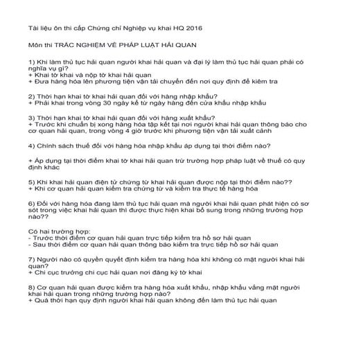 TRẮC NGHIỆM PHÁP LUẬT HẢI QUAN