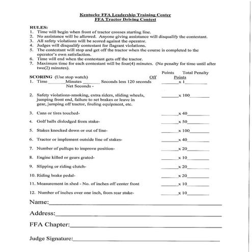 Tractor driving contest score sheet