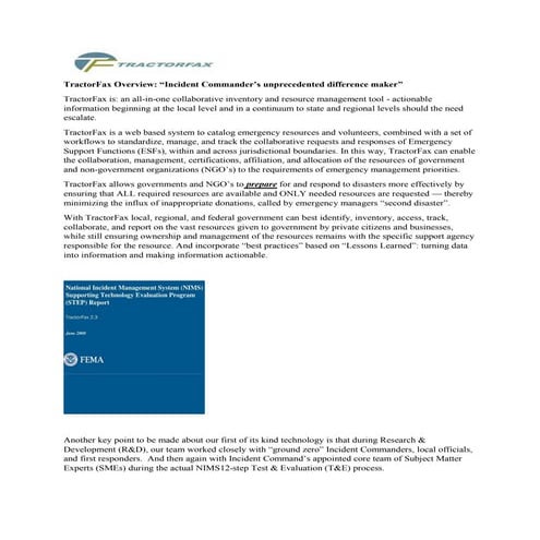 National Preparedness System (NPS) component, TractorFax overview final revised