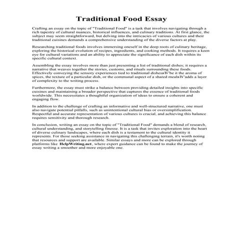 Traditional Food Essay. Food and Culture Essay Example  Foods  Eating