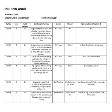 Trailer filming schedule