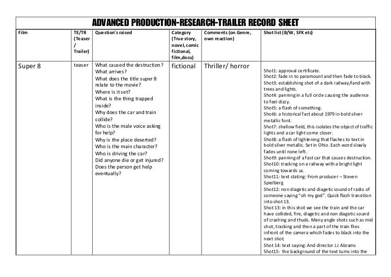 Trailer record sheet Super 8