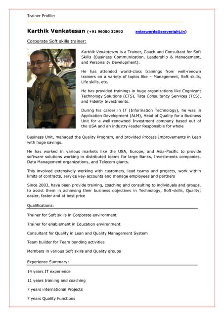 corporate trainer profile sample