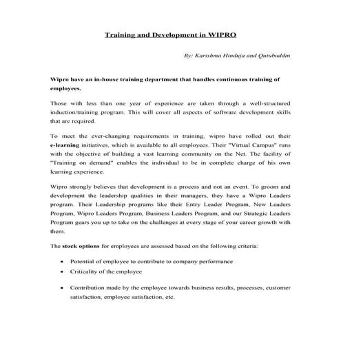 Training and development in wipro