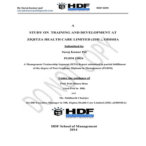STUDY ON  TRAINING AND DEVELOPMENT AT ZIQITZA HEALTH CARE LIMITED (ZHL), ODISHA