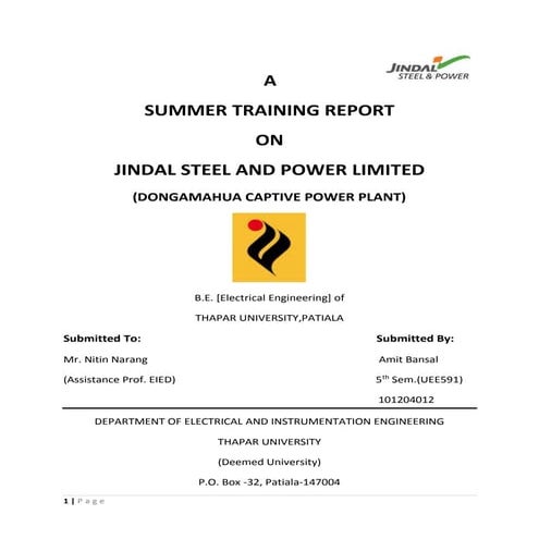 6 weeks summer Training report on thermal power plant in DCPP