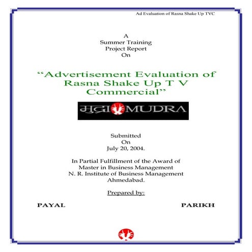 Training Report of Advertisement Evaluation of Rasna Shake Up TV Commercial