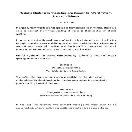 Training Students in Phonic Spelling through Six-Word Pattern Poems on Science