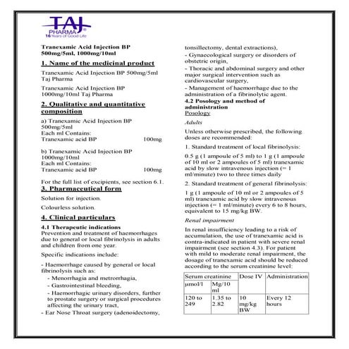 Tranexamic Acid Injection BP Taj Pharma SmPC | PDF