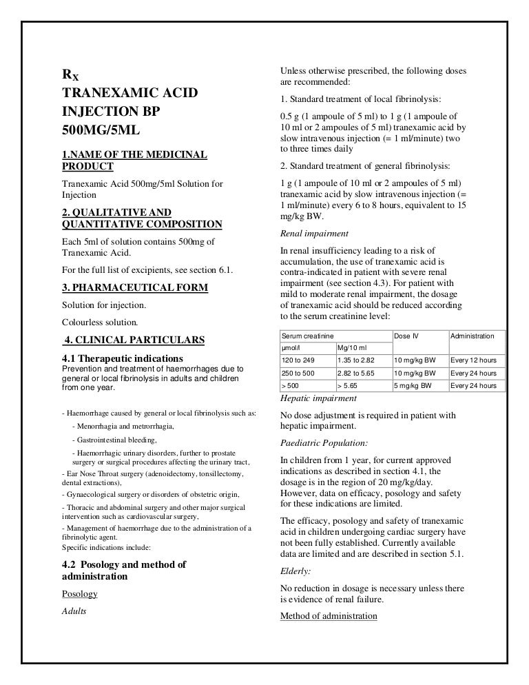 Tranexamic Acid 500mg5ml Solution For Injection Smpc Taj Pharmaceuti