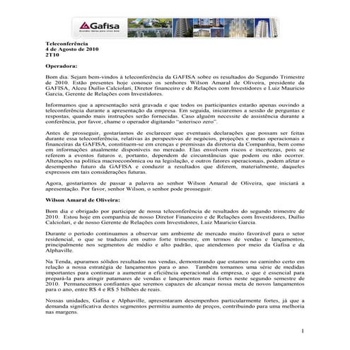 Transcrição da Teleconferência de Resultados do 2T10