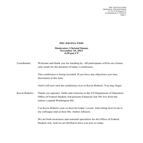 Transcript Financial Aid 101 Webinar, November 19, 2013 | PDF