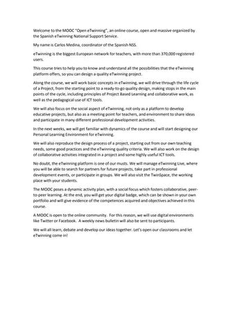 Transcription welcome to the mooc Open eTwinning