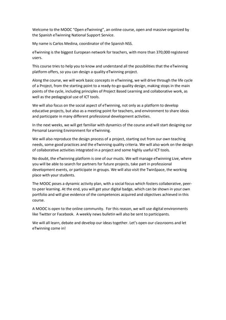 Transcription welcome to the mooc Open eTwinning