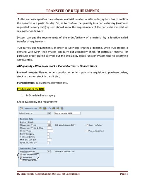Transfer of requirements in SAP SD