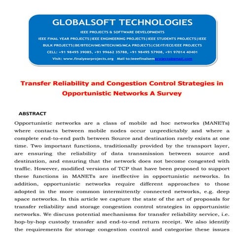 Transfer reliability and congestion control strategies in opportunistic netwo...