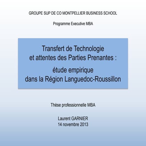 Transfert de technologie et attentes des parties prenantes : étude empirique ...