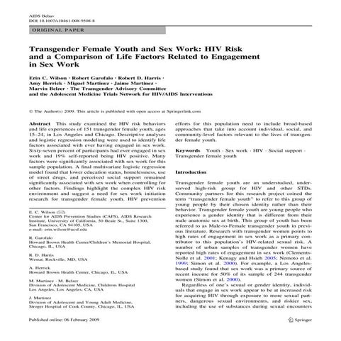 Transgender Female Youth And Sex Work HIV Risk And A Comparison Of Life Facto...