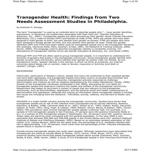 Transgender Health : Findings From Two Needs Assessment Studies In Philadelphia