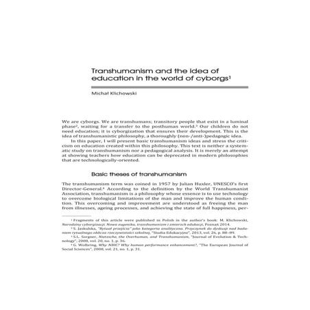 Transhumanism and the idea of education in the world of cyborgs.  Michał Klic...
