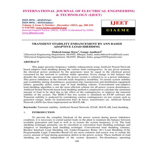 Transient stability enhancement by ann based