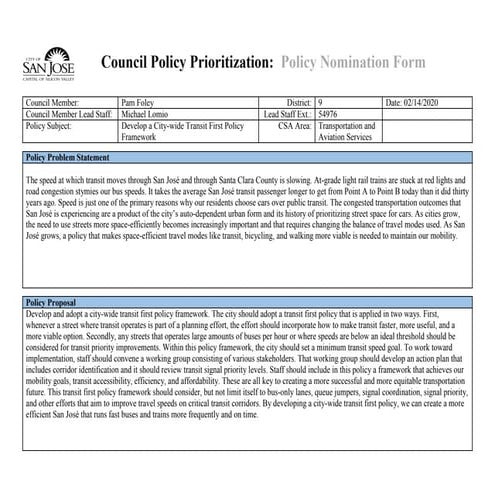 San Jose Transit first policy nomination