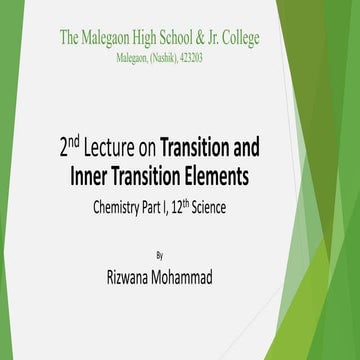2nd Lecture on Transition & Inner Transition Elements | Chemistry Part I | 12...