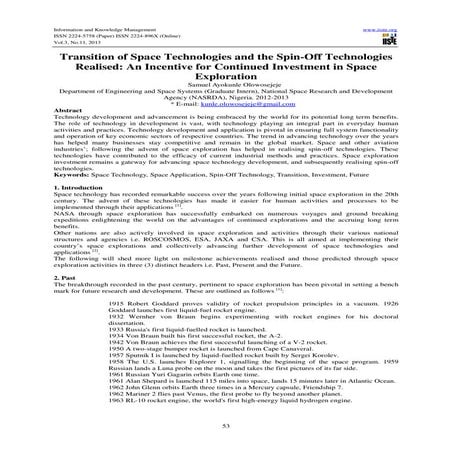 Transition of space technologies and the spin off technologies realised