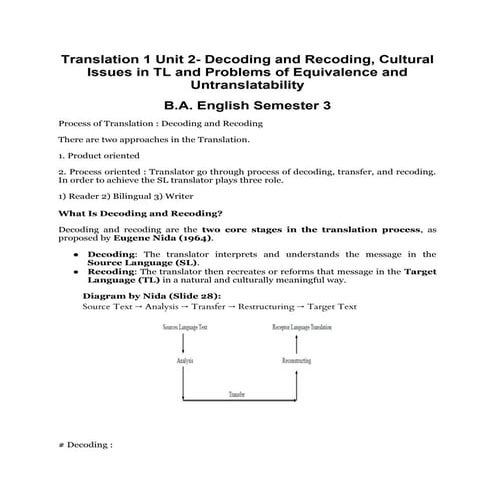 Translation 1 Unit 2- Decoding and Recoding, Cultural Issues in TL and Problems of Equivalence and Untranslatability.docx