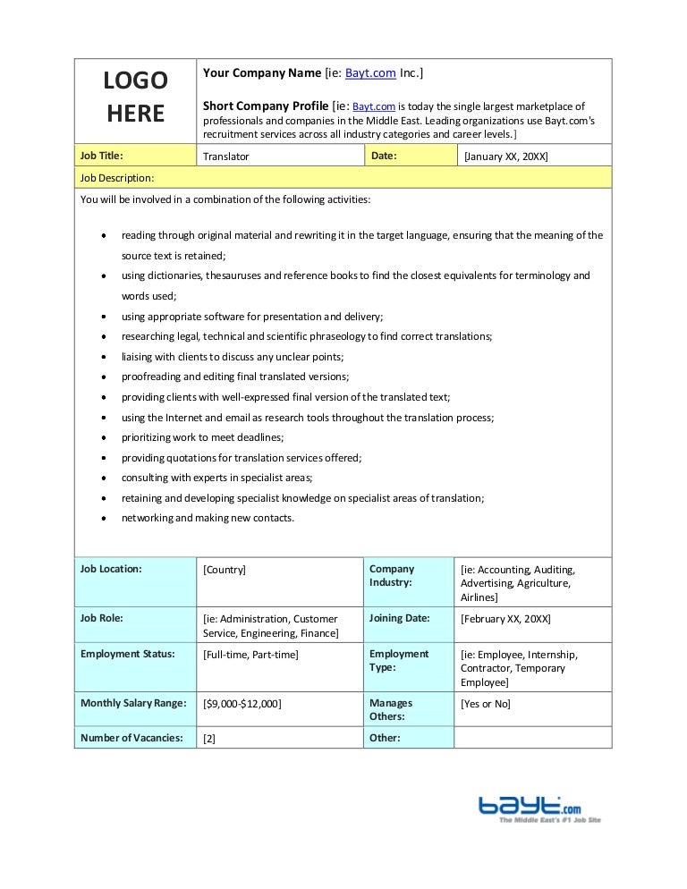 Translator Job Description Template by