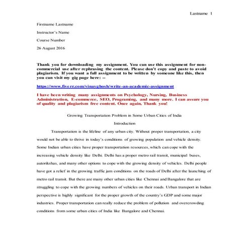 Growing Transportation Problem in Some Urban Cities of India