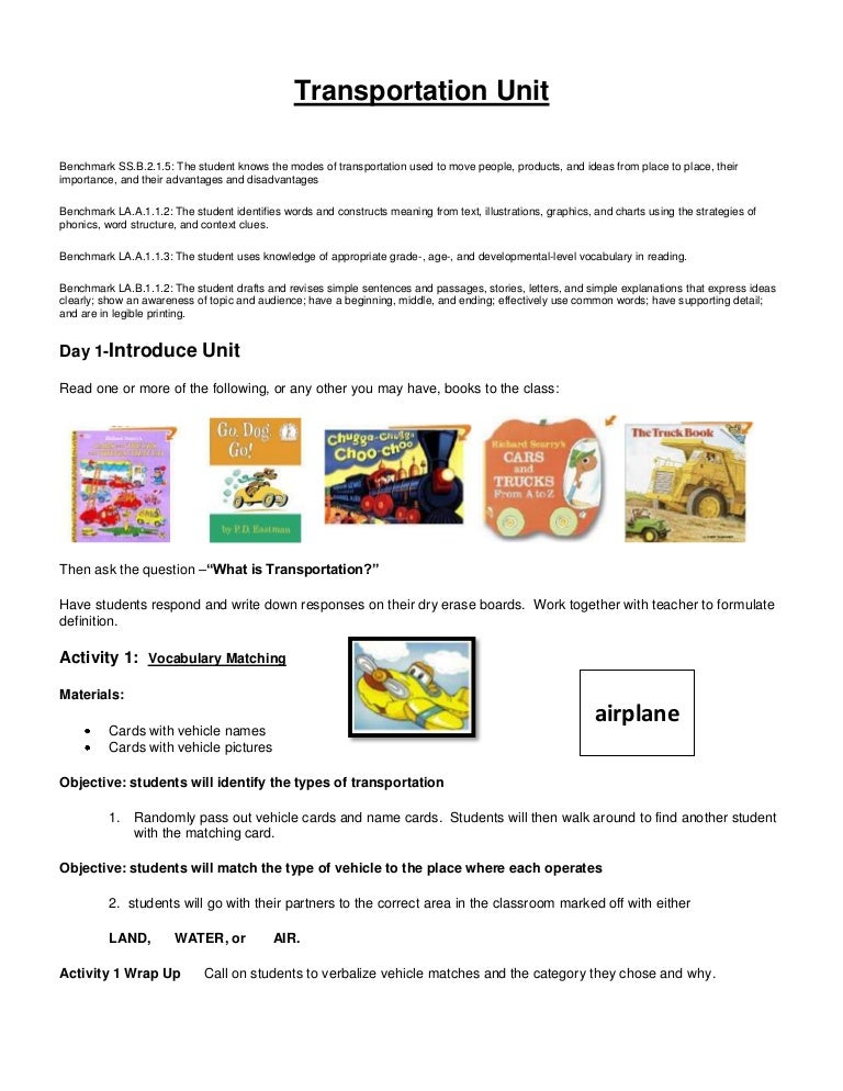 Transportation Unit Lesson Plans Transportation Unit Lesson Plans