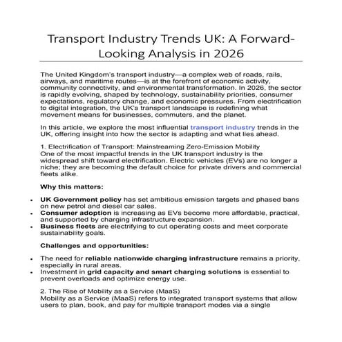 Transport Industry Trends UK: A Forward-Looking Analysis in 2026 | PDF