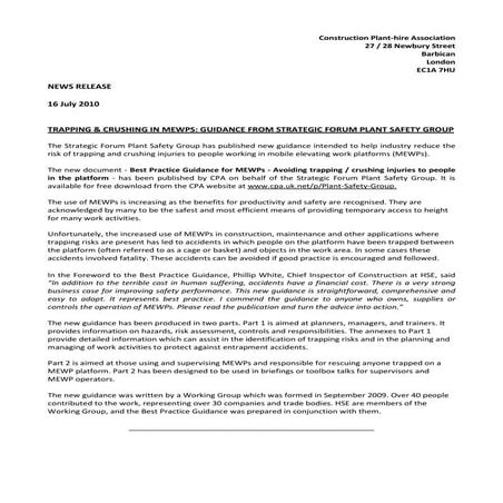 Trapping and Crushing in MEWPS -  Guidance from Strategic Forum Plant Safety ...