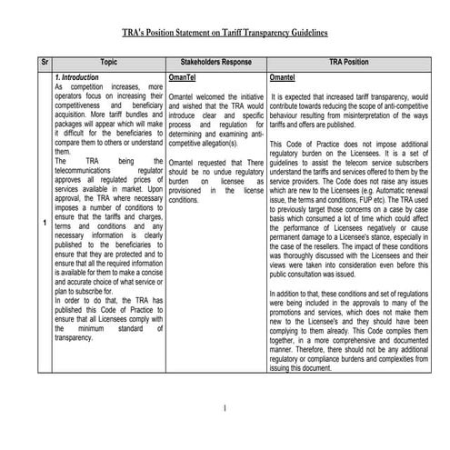 Tra's position statement on tariff transparency guidelines