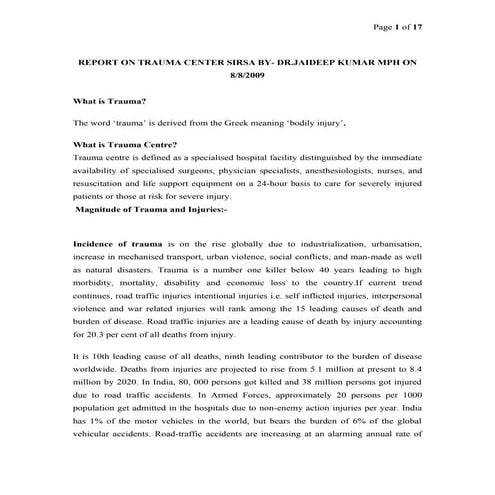 REPORT ON TRAUMA CENTRE SIRSA BY DR JAIDEEP MPH