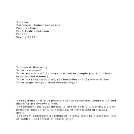 Trauma, Terrorism, Catastrophes and Pastoral CareProf. Ced.docx