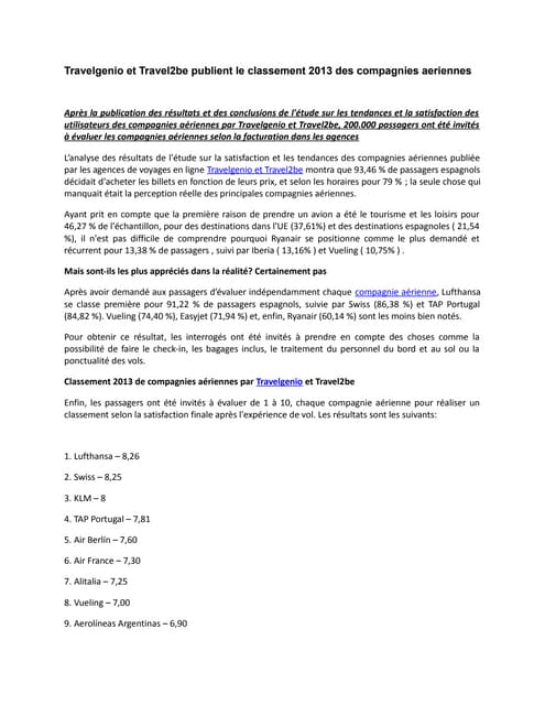 Travelgenio et Travel2be publient le classement 2013 des compagnies aeriennes