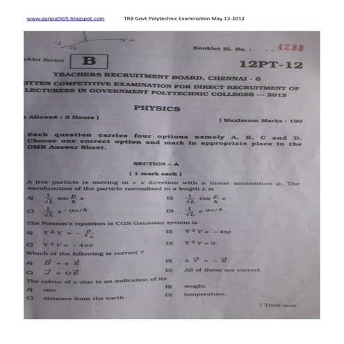 Trb Govt Polytechnic Exam May 2012 Pdf