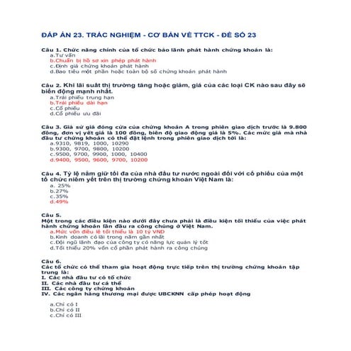 Trắc nghiệm môn thị trường chứng khoán có đáp án