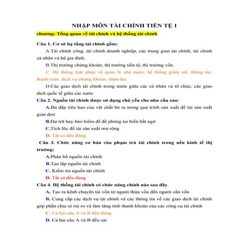Trắc nghiệm tài chính tiền tệ 1 2013