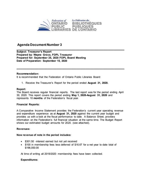 Treasurer report september 25