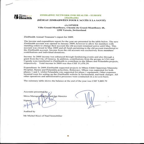 ZimHealth-Europe Treasurers report and financial statement