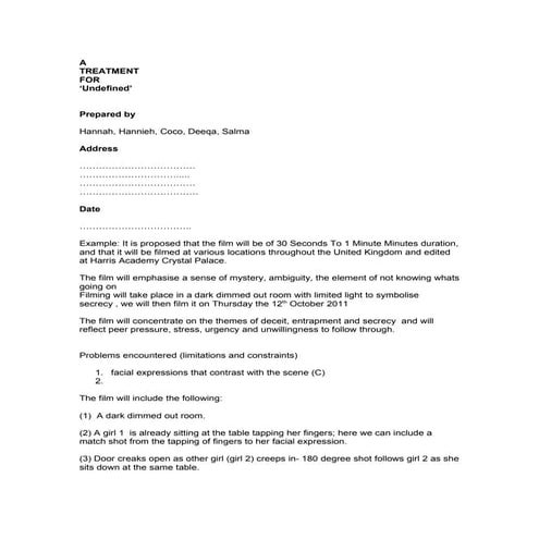 Treatment for Preliminary film clip