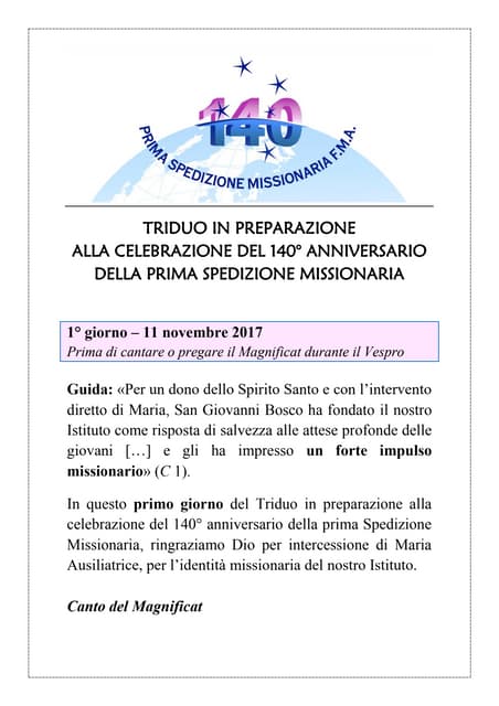 Triduo per il 140° della prima Sped...