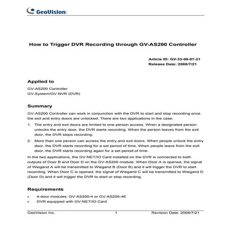 GeoVision : Video Management Solutions : How to : Trigger GV-NVR Thru AS-200