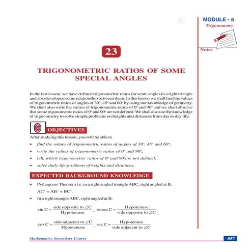 TRIGONOMETRIC RATIOS OF SOME SPECIAL ANGLES