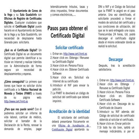 Triptico editable sobre cómo obtener el certificado digital en Guadalinfo Cenes de la Vega